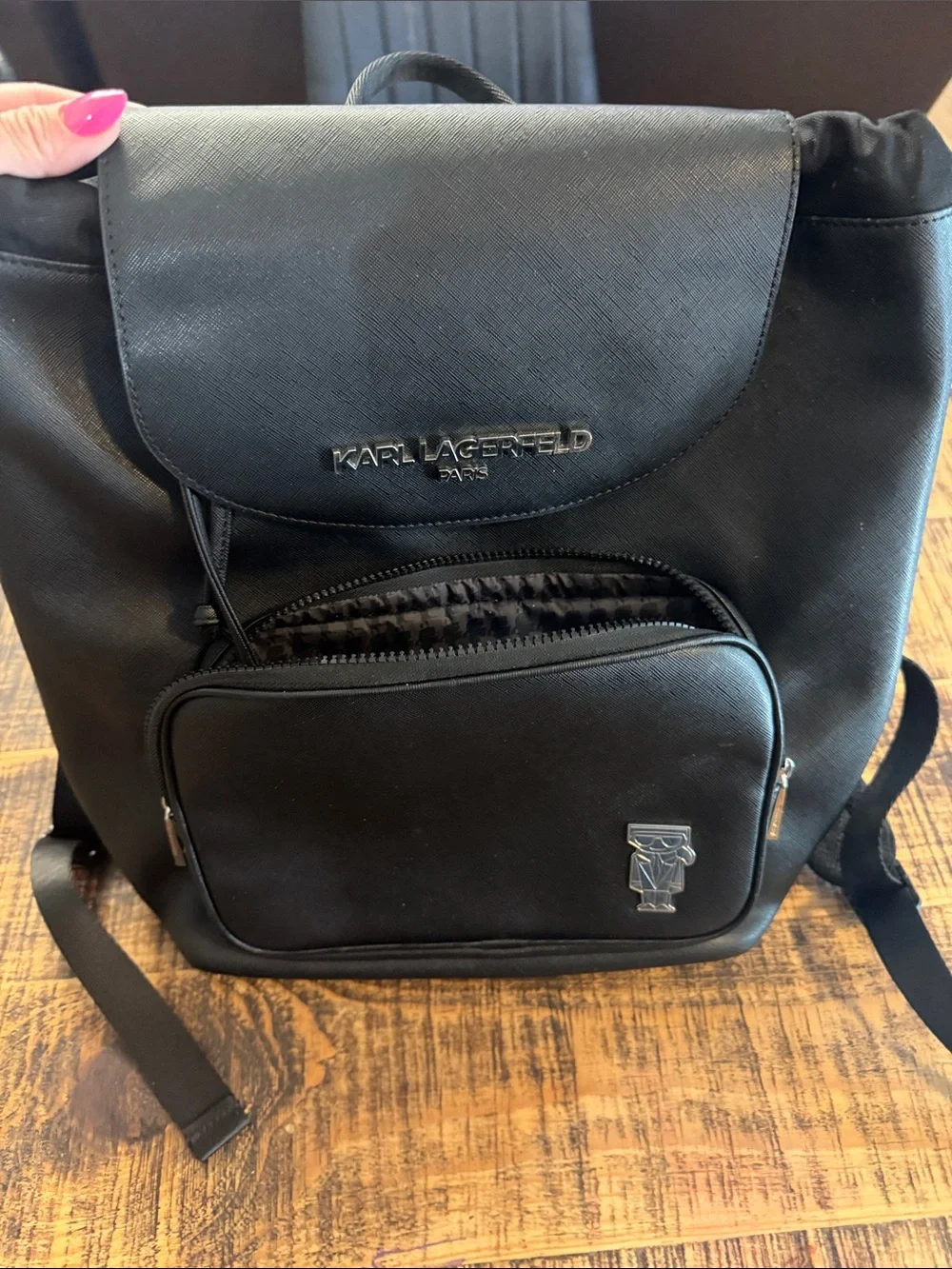 Karl Lagerfeld Black Saffiano Drawstring Backpack with Front Pocket